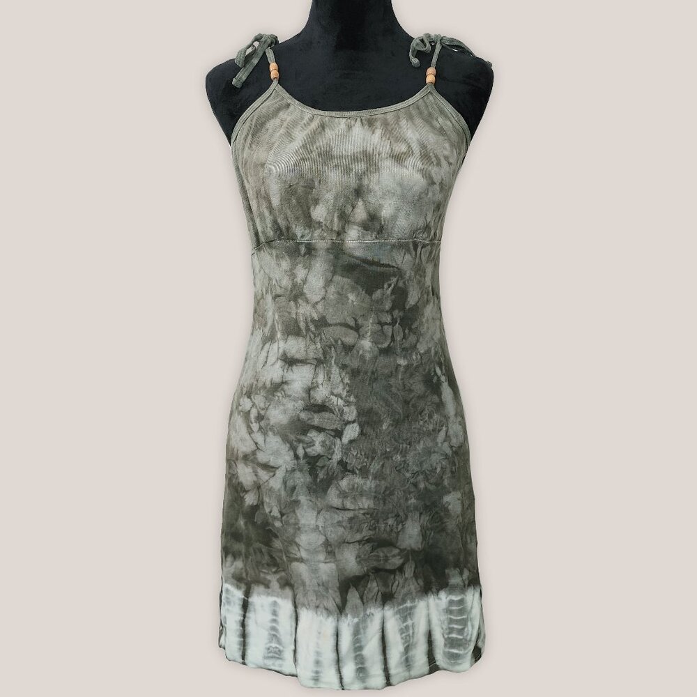 XHILARATION Vintage Tie Dye Green Dress Tie Straps Cotton Sun Dress Wood Beads